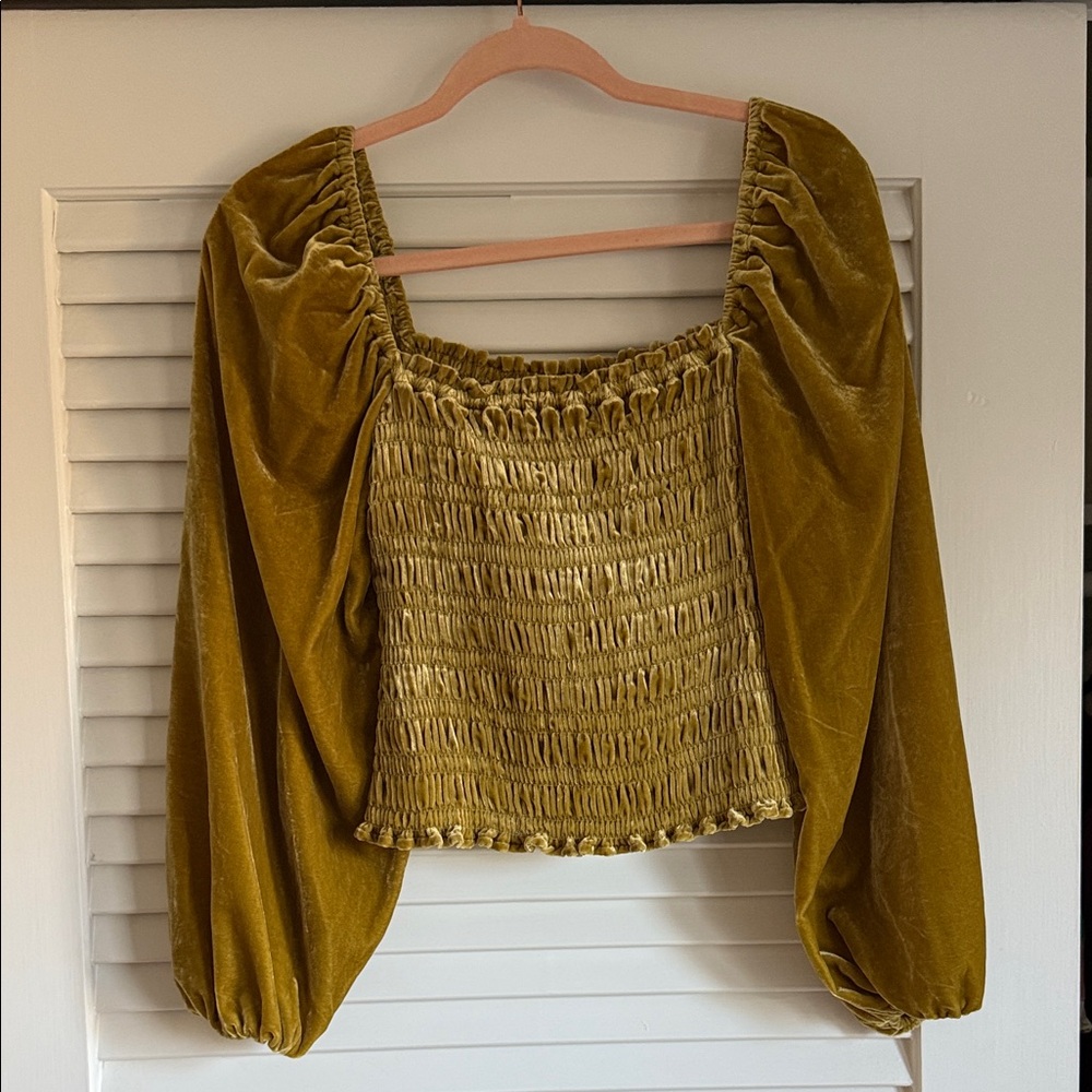 Elegant Olive Green Smocked Velvet Top